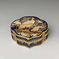 Toilet box containing three smaller boxes, Chelsea Porcelain Manufactory (British, 1744–1784), Soft-paste porcelain, Mazarin blue ground with gold decoration, British, Chelsea