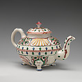 Footed teapot, Salt-glazed stoneware with enamel decoration, British, Staffordshire