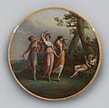 Three dancing nymphs and a reclining cupid in a landscape, Antonio Zucchi Italian, Oil on paper, attached to a plaster ceiling roundel, British