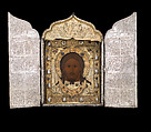Triptych with the Mandylion, The Kremlin Armory Workshops, Moscow, Silver, partly gilt, niello, enamel, sapphires, rubies, spinels, pearls, leather, silk velvet, oil paint, gesso, linen, mica, pig-skin, woods: Tilia cordata (basswood or linden), white oak, Russian, Moscow