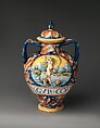 Lidded pharmacy jar with the personification of Fortuna, Maiolica (tin-glazed earthenware), Italian, probably Pesaro