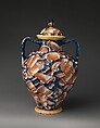 Lidded pharmacy jar with the personification of Fortuna, Maiolica (tin-glazed earthenware), Italian, probably Pesaro
