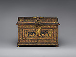 Coffer, Gold-tooled leather on wood; gilt brass; silk and metallic thread, Flemish or Dutch