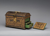 Coffer, Gold-tooled leather on wood; gilt brass; silk and metallic thread, Flemish or Dutch