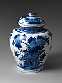 Jar with chrysanthemums and rocks, De drie Vergulde Astonnenkens, Tin-glazed earthenware painted with cobalt blue pigment (Delft ware), Dutch, Delft