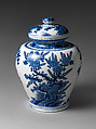 Jar with chrysanthemums and rocks, De drie Vergulde Astonnenkens, Tin-glazed earthenware painted with cobalt blue pigment (Delft ware), Dutch, Delft