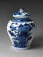 Jar with chrysanthemums and rocks, De drie Vergulde Astonnenkens, Tin-glazed earthenware painted with cobalt blue pigment (Delft ware), Dutch, Delft
