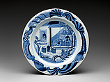 Dish with a scene of tea cultivation (one of a pair), Hard-paste porcelain painted with cobalt blue under transparent glaze (Jingdezhen ware), Chinese, for European, probably Dutch, market
