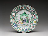 Plate with figures in arbor, Design attributed to Cornelis Pronk (Dutch, Amsterdam 1691–1759 Amsterdam), Hard-paste porcelain painted with colored enamels over transparent glaze (Jingdezhen ware), Chinese, for Dutch market