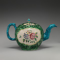 Teapot, Salt-glazed stoneware with enamel decoration, British, Staffordshire