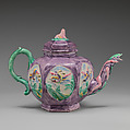 Teapot, Salt-glazed stoneware with enamel decoration, British, Staffordshire