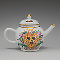 Teapot with armorial decoration (part of a service), Decoration possibly by James Giles (British, 1718–1780), Hard-paste porcelain with enamel decoration and gilding, Chinese with British decoration