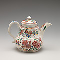 Teapot, Salt-glazed stoneware with enamel decoration, British, Staffordshire