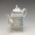 Teapot, Salt-glazed stoneware with underglaze “scratch blue” decoration, British, Staffordshire