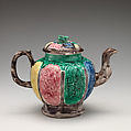 Teapot, Salt-glazed stoneware with enamel decoration, British, Staffordshire