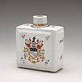 Tea caddy with cover with armorial decoration (part of a service), Hard-paste porcelain with enamel decoration and gilding, Chinese, for British market