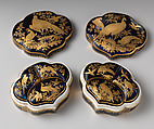 Toilet set containing three smaller boxes, Chelsea Porcelain Manufactory (British, 1744–1784), Soft-paste porcelain, Mazarin blue ground with gold decoration, British, Chelsea