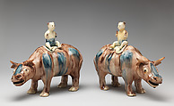 Pair of water buffalos with boys, Style of Whieldon type, Tortoiseshell ware, British, Staffordshire