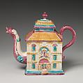 Teapot in the form of a house, Salt-glazed stoneware with enamel decoration, British, Staffordshire