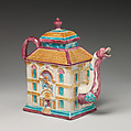 Teapot in the form of a house, Salt-glazed stoneware with enamel decoration, British, Staffordshire