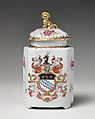 Tea caddy with cover with armorial decoration (part of a service), Hard-paste porcelain with enamel decoration and gilding, Chinese, for British market