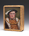 Snuffbox with portraits of Henry VIII and and Jane Seymour with presentation inscription, I. A. (unidentified) (active 1795–1806), Red and yellow gold;  enamel, British, London