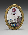 Knob depicting a balloon ascent, Enamel on copper, brass, British, possibly Birmingham