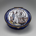 Patch box “The Single Married, the Married Happy”, Enamel on copper; mirror glass, British, Bilston