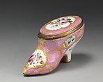 Shoe-shaped bonbonnière, Enameled copper, British, possibly South Staffordshire, possibly Bilston