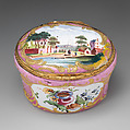 Snuffbox with village scene, Enameled copper, British, South Staffordshire, possibly Bilston