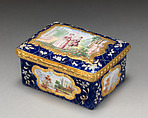 Snuffbox with garden promenade scene, Enameled copper, British, possibly South Staffordshire, possibly Bilston
