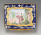 Snuffbox with garden promenade scene, Enameled copper, British, possibly South Staffordshire, possibly Bilston
