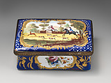 Snuffbox with stag hunt, Enameled copper, British, South Staffordshire