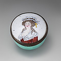 Snuffbox with woman's portrait, Enameled copper, British, probably Bilston