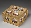 Casket, Painted enamel on copper; gilt pinchbeck metal, British box with Italian plaques