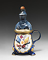Mustard pot with knight-shaped cover, Enamel on copper, British, probably South Staffordshire