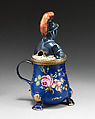Mustard pot with knight-shaped cover, Enamel on copper, British, probably South Staffordshire