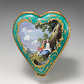 Heart-shaped snuffbox, Enameled copper, British, South Staffordshire