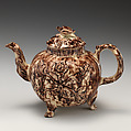 Footed teapot, Style of Whieldon type, Tortoiseshell ware (glazed earthenware), probably British, Staffordshire