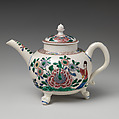 Footed teapot, Salt-glazed stoneware with enamel decoration, British, Staffordshire