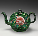Teapot, Salt-glazed stoneware with enamel decoration, British, Staffordshire
