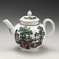 Teapot with landscape, Worcester factory (British, 1751–2008), Soft-paste porcelain with transfer-printed decoration, British, Worcester