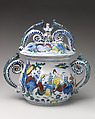 Posset pot with cover, Delftware (tin-glazed earthenware), British, Bristol