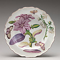 Botanical plate with a flowering eggplant, Chelsea Porcelain Manufactory (British, 1745–1784, Red Anchor Period, ca. 1753–58), Soft-paste porcelain with enamel decoration, British, Chelsea