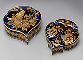 Toilet box containing four smaller boxes, Chelsea Porcelain Manufactory (British, 1744–1784), Soft-paste porcelain, Mazarin blue ground with gold decoration, British, Chelsea