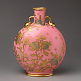 Moon flask with gilt floral decoration on pink ground, Minton(s)  British, Bone china, British, Stoke-on-Trent, Staffordshire