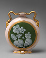 Moon flask with snake handles and floral reserve, Attributed to Grainger (British, active late 18th century), Porcelain, decorated with pâte-sur-pâte technique, British, Worcester