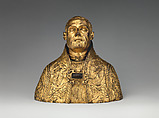 Reliquary bust of a bishop-saint, Bronze, fire-gilt; glass, Italian, possibly Rome
