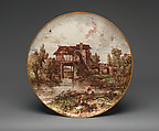 Tray with landscape, Emile Lessore French, Creamware with polychrome enamel, British, Staffordshire