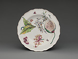 Botanical plate with honeysuckle spray, Chelsea Porcelain Manufactory (British, 1745–1784, Red Anchor Period, ca. 1753–58), Soft-paste porcelain, British, Chelsea